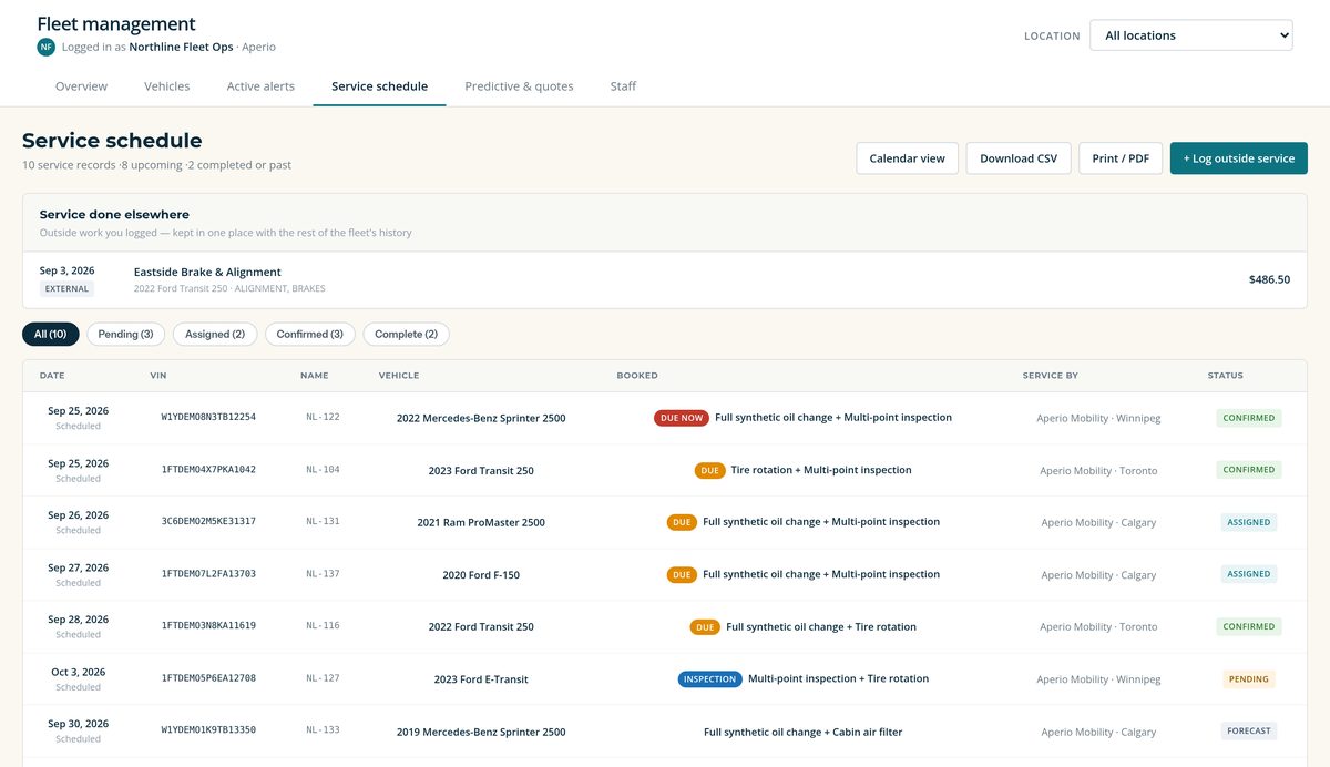 Service schedule: upcoming visits by vehicle, with work done elsewhere logged in the same history