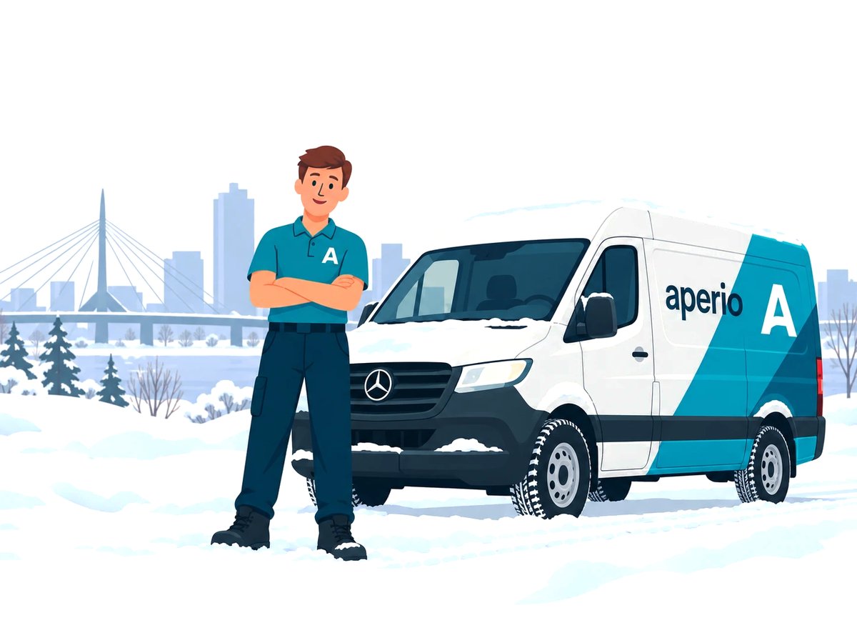 An Aperio technician standing in the snow beside an Aperio van, with the Esplanade Riel bridge in Winnipeg behind